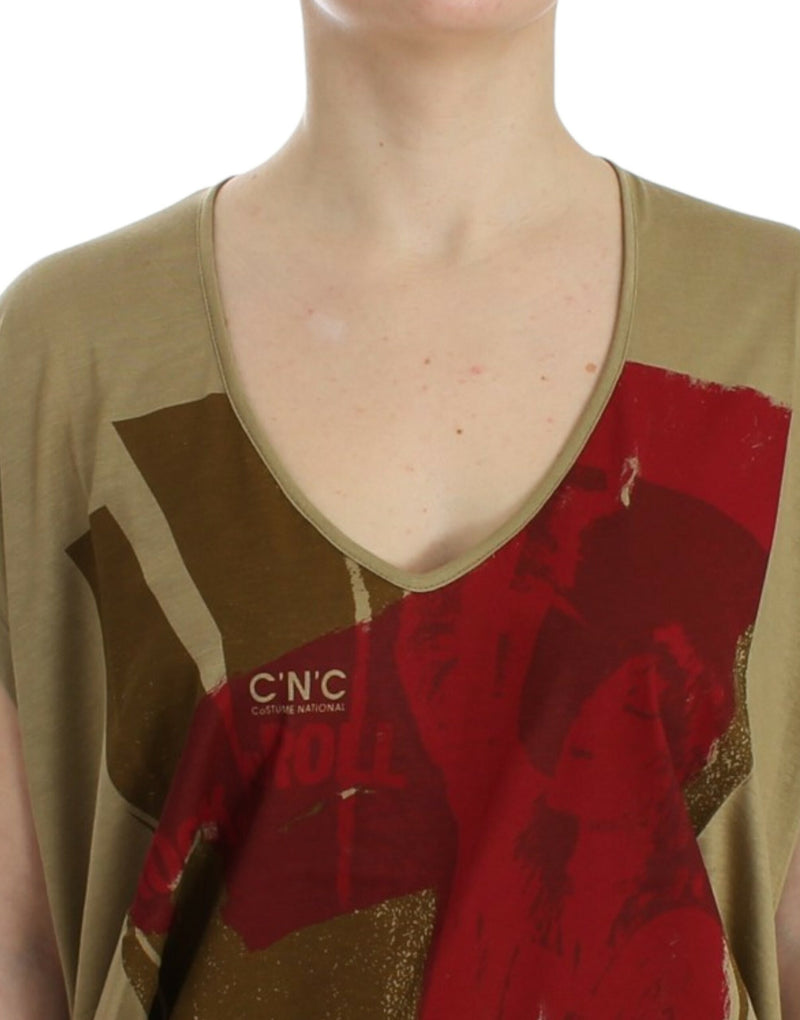 Chic Green Multicolor Print V-Neck Tee Costume National