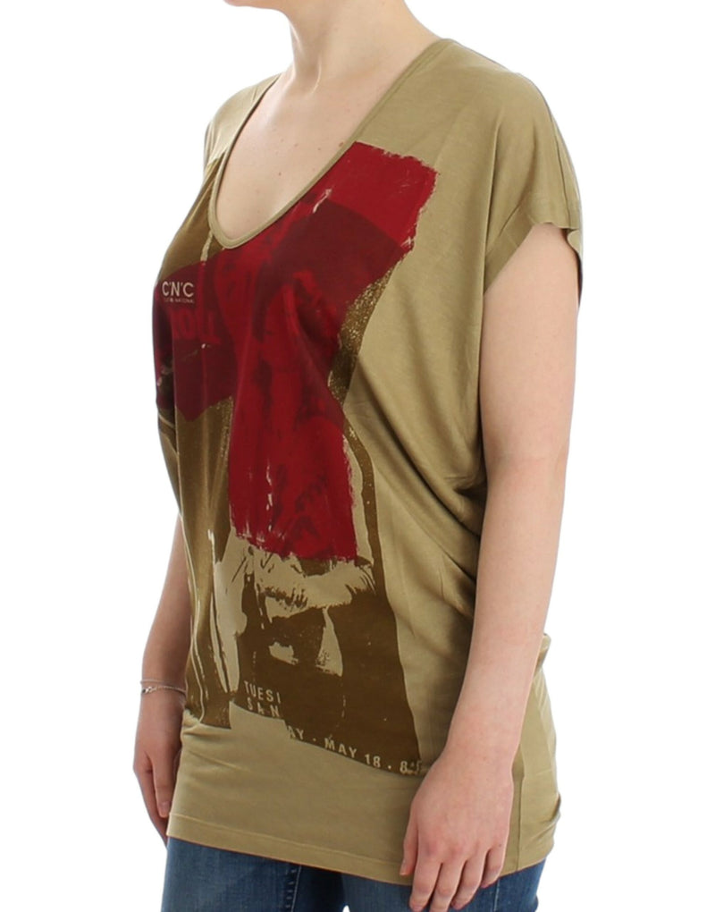 Chic Green Multicolor Print V-Neck Tee Costume National