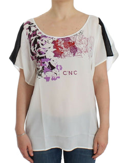 Chic White V-Neck Motive Print Tee Costume National