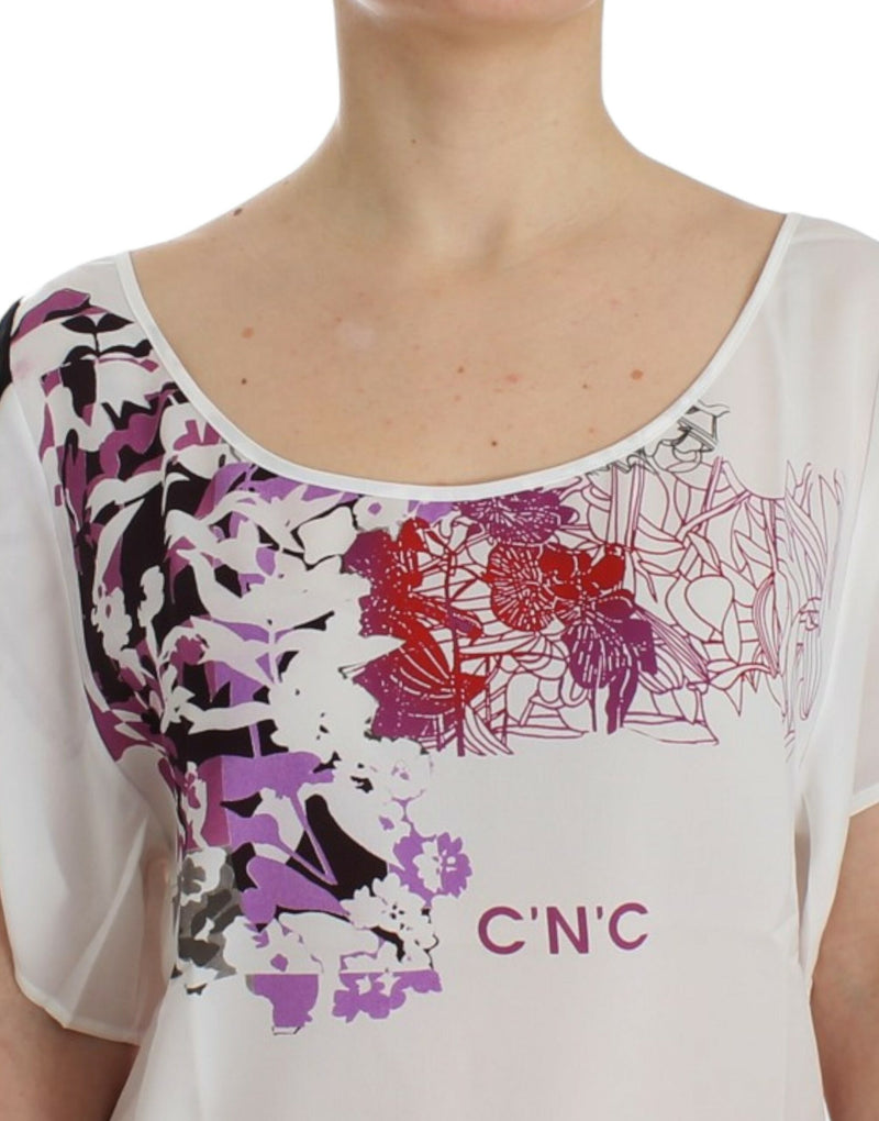 Chic White V-Neck Motive Print Tee Costume National