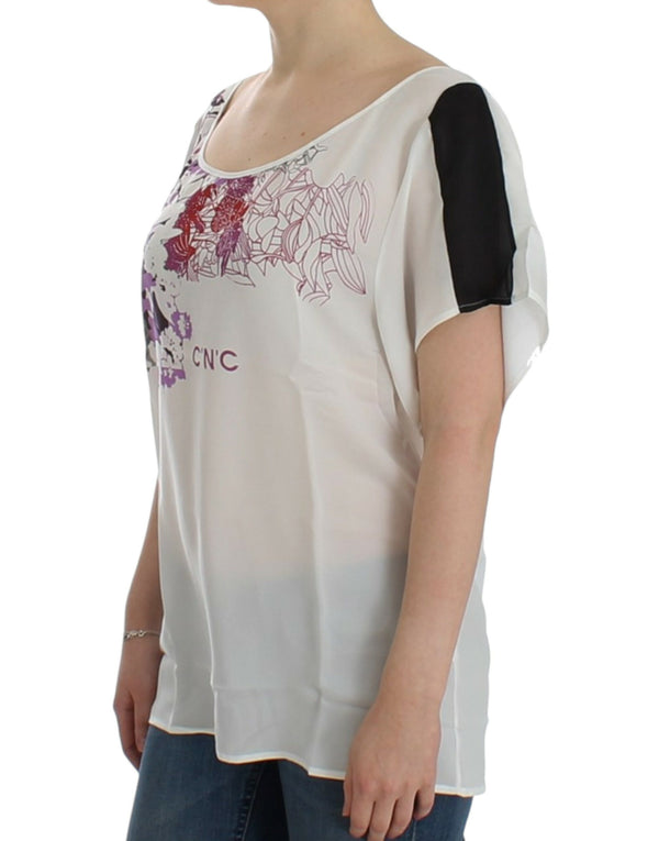 Chic White V-Neck Motive Print Tee Costume National