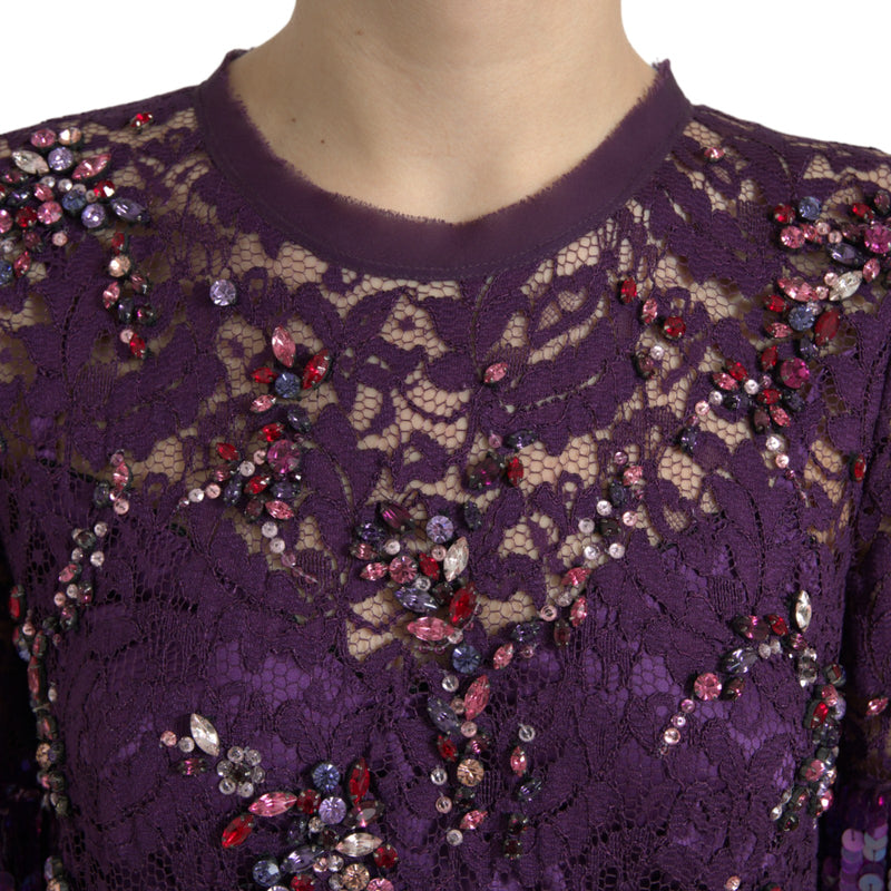 Elegant Purple Floral Lace Crystal Dress Dolce & Gabbana