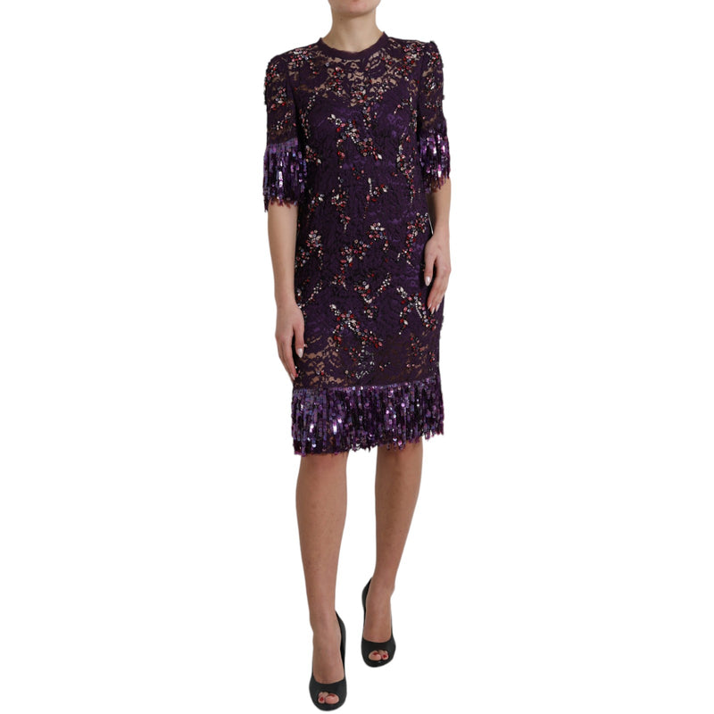 Elegant Purple Floral Lace Crystal Dress Dolce & Gabbana