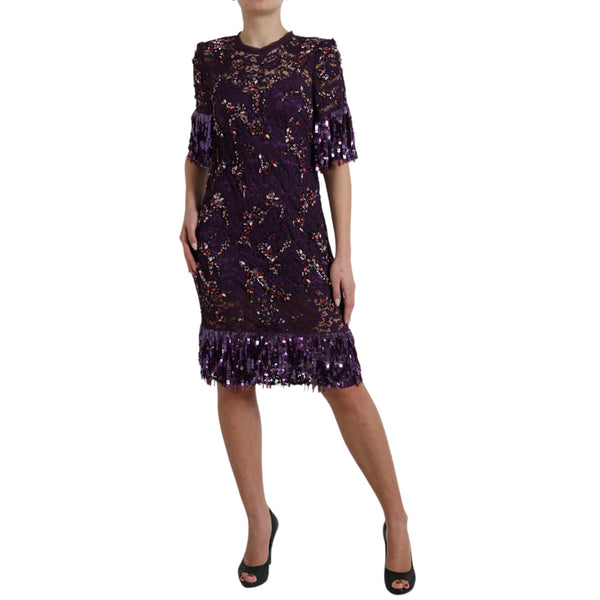 Elegant Purple Floral Lace Crystal Dress Dolce & Gabbana