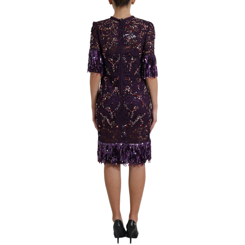 Elegant Purple Floral Lace Crystal Dress Dolce & Gabbana