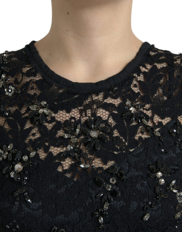 Exquisite Black Floral Lace Crystal Sheath Dress Dolce & Gabbana