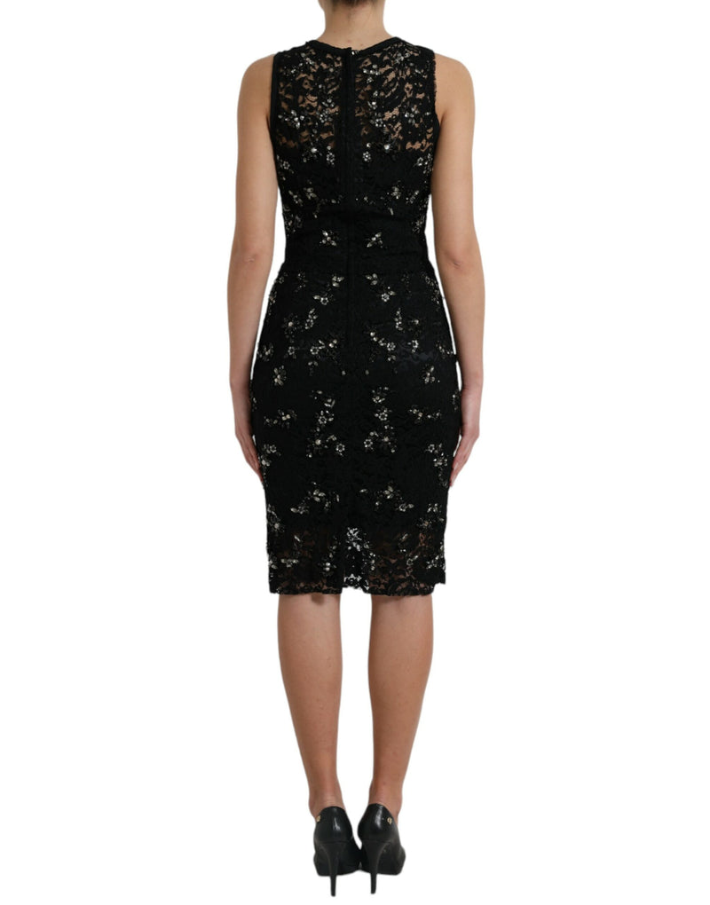 Exquisite Black Floral Lace Crystal Sheath Dress Dolce & Gabbana