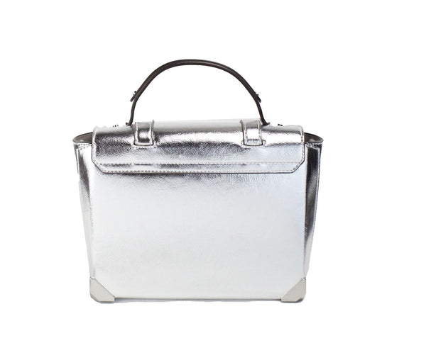 Manhattan Medium Silver Leather Top Handle Satchel Bag Michael Kors