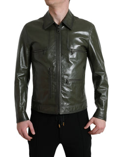 Emerald Elegance Leather Biker Jacket Dolce & Gabbana