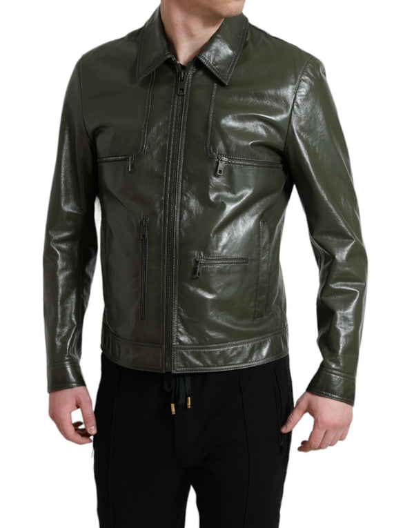 Emerald Elegance Leather Biker Jacket Dolce & Gabbana