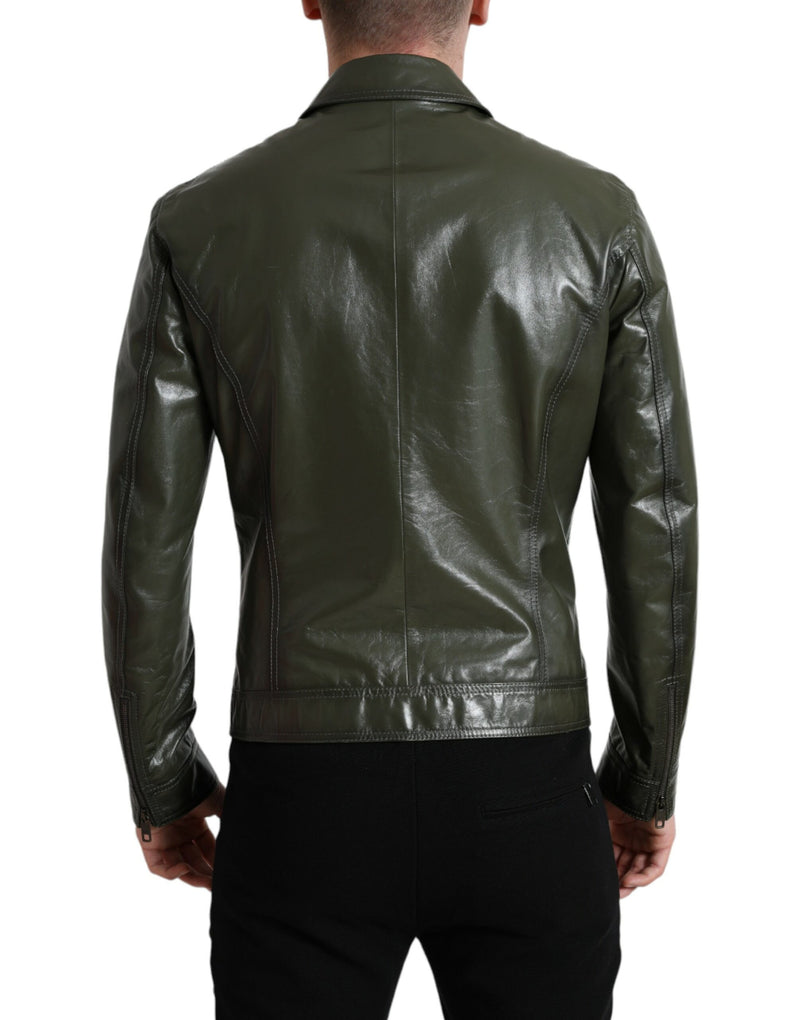 Emerald Elegance Leather Biker Jacket Dolce & Gabbana