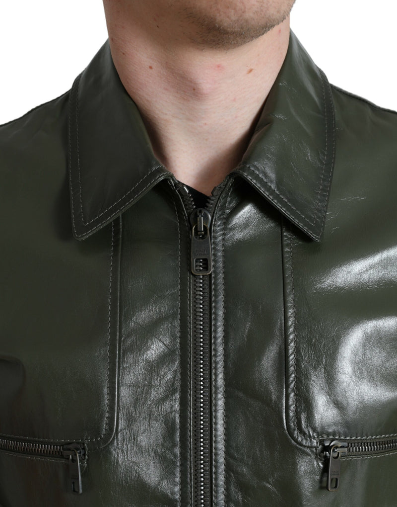 Emerald Elegance Leather Biker Jacket Dolce & Gabbana