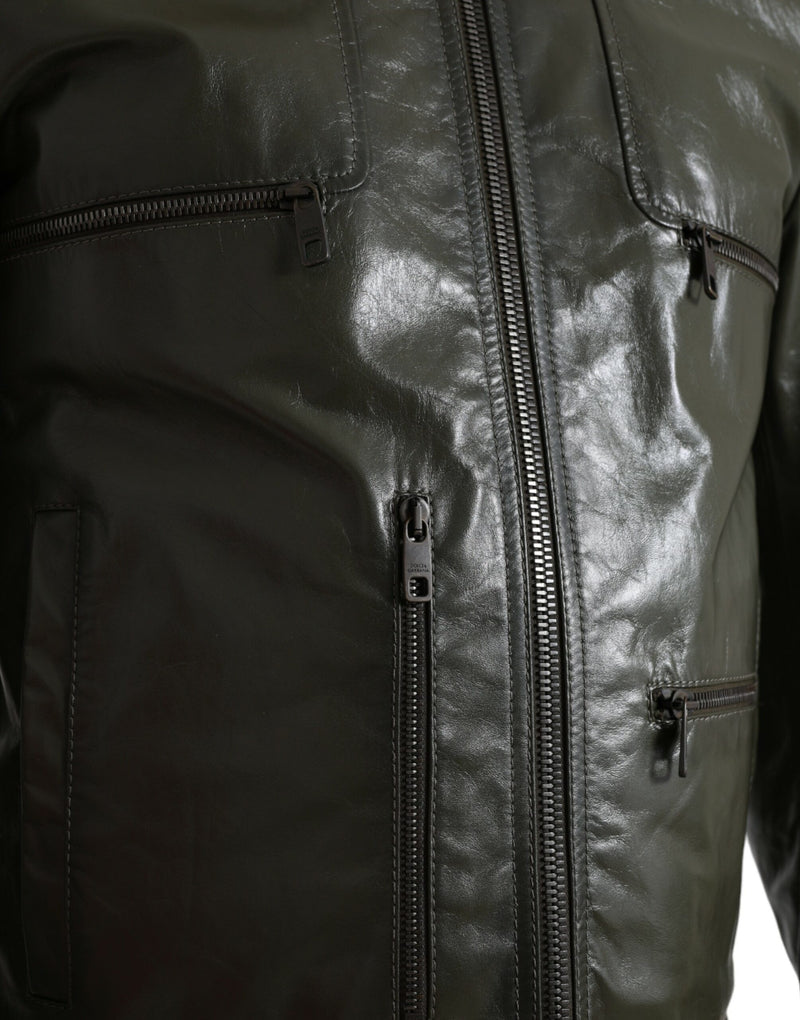 Emerald Elegance Leather Biker Jacket Dolce & Gabbana