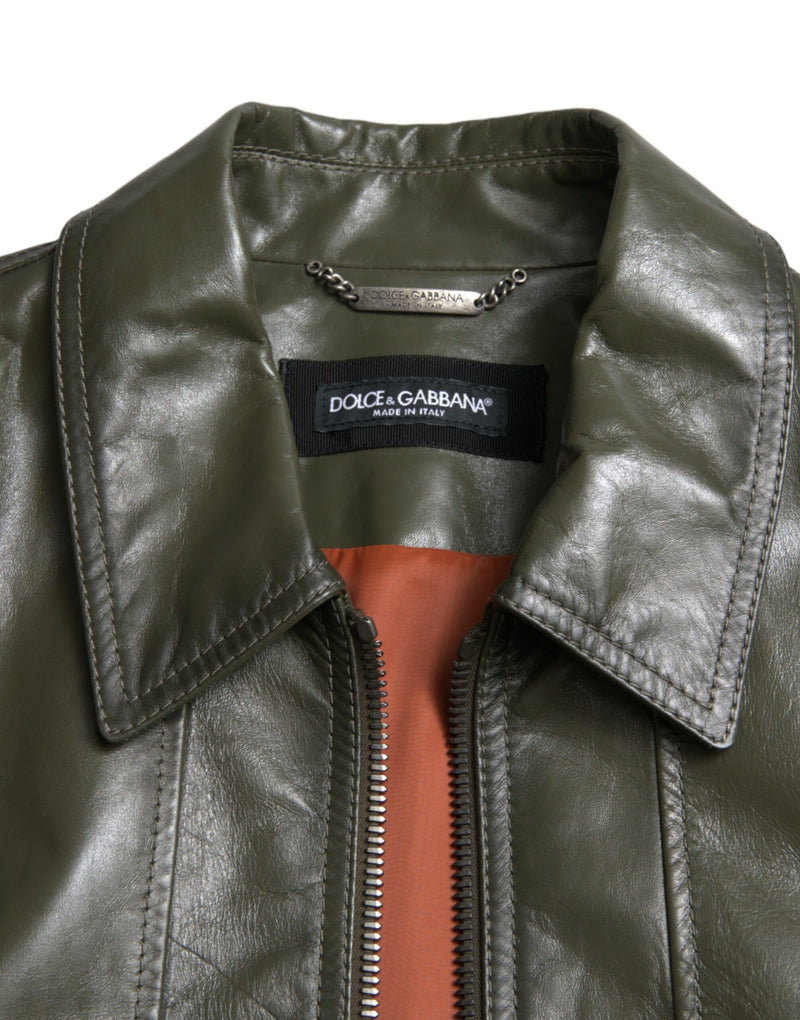 Emerald Elegance Leather Biker Jacket Dolce & Gabbana