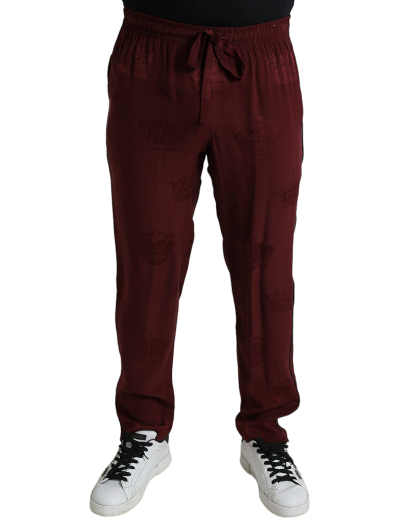 Elegant Maroon Silk Pajama Pants with Crown Motif Dolce & Gabbana