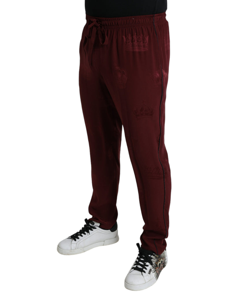 Elegant Maroon Silk Pajama Pants with Crown Motif Dolce & Gabbana