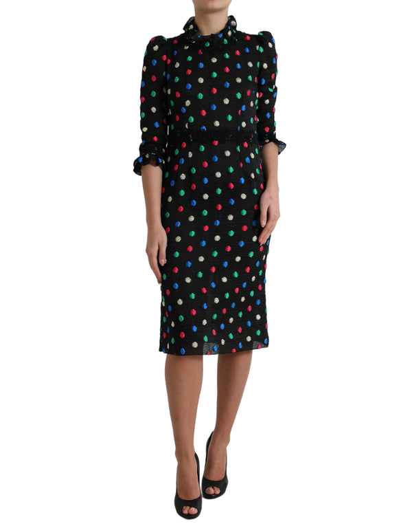 Elegant High Neck Polka Dot Midi Dress Dolce & Gabbana