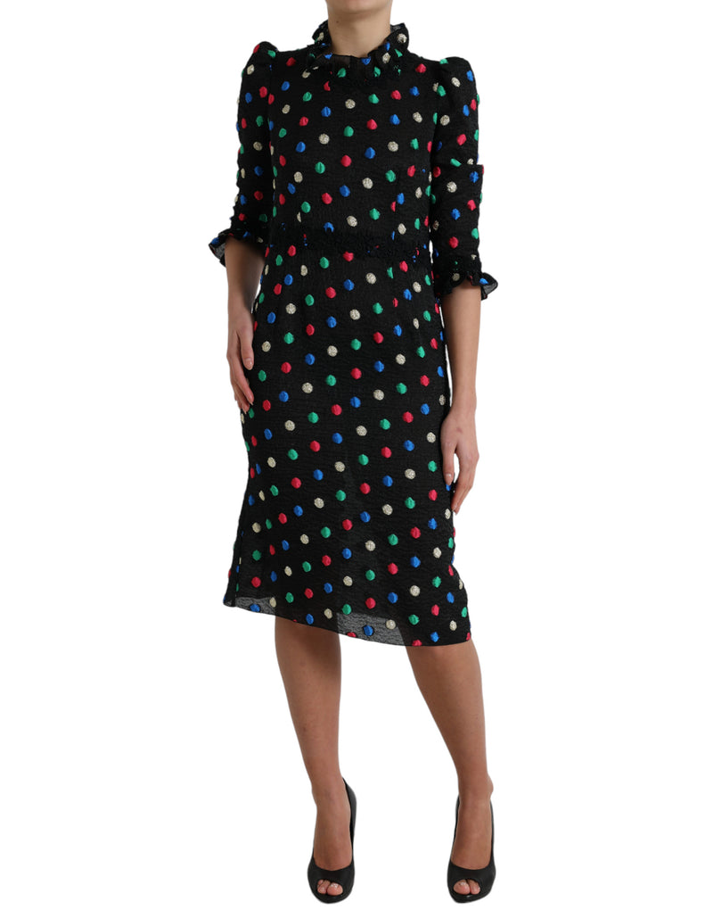 Elegant High Neck Polka Dot Midi Dress Dolce & Gabbana