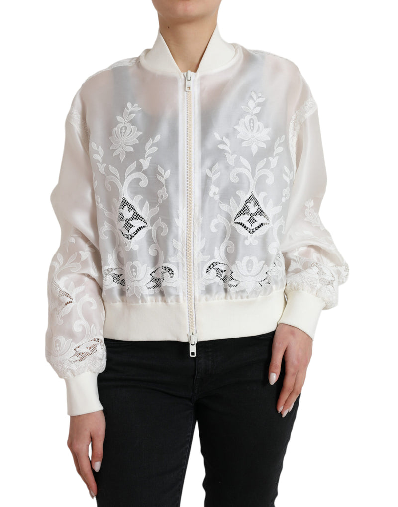 Elegant White Silk Bomber Jacket Dolce & Gabbana