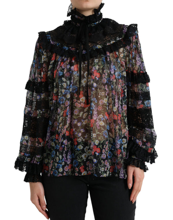 Elegant Floral Silk Blouse with Lace Trim Dolce & Gabbana