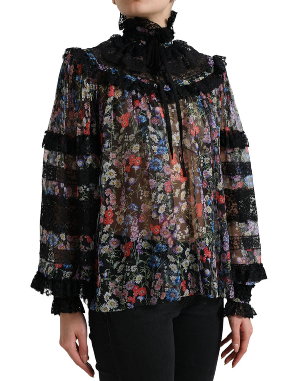 Elegant Floral Silk Blouse with Lace Trim Dolce & Gabbana