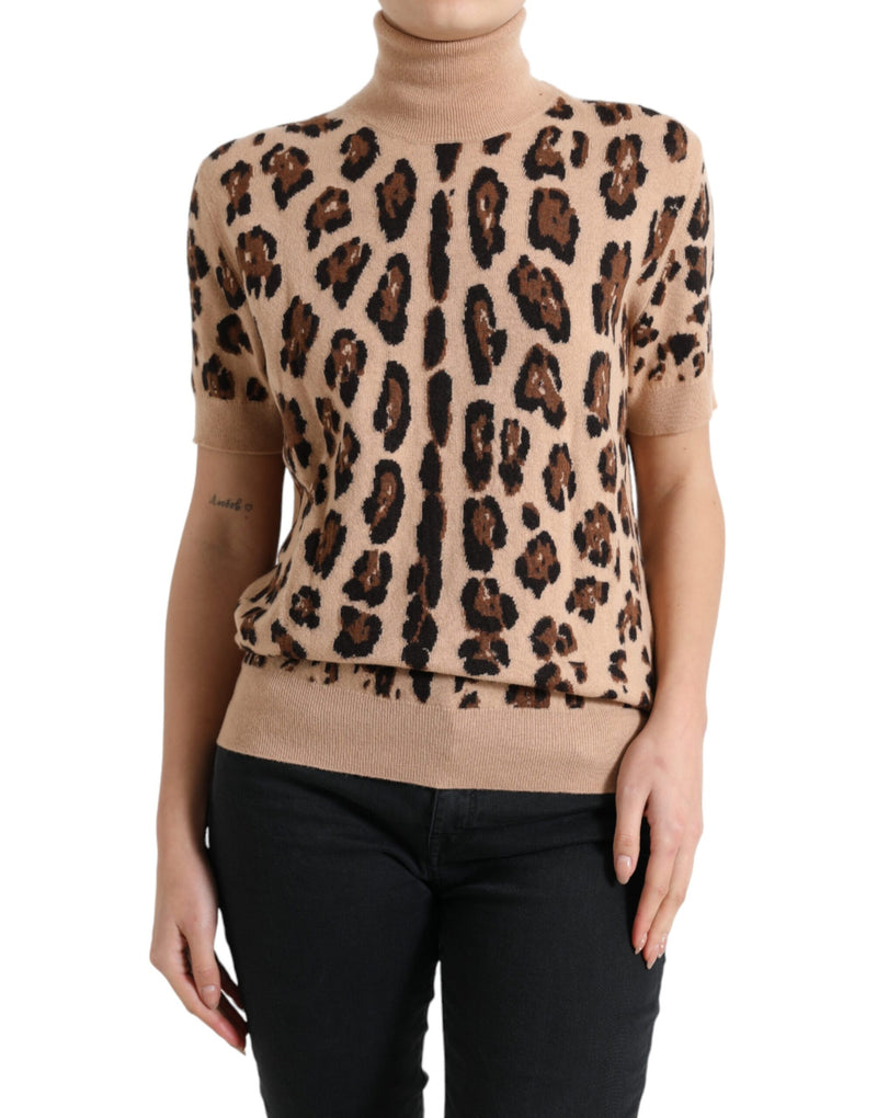 Elegant Beige Leopard Turtleneck Wool Top Dolce & Gabbana