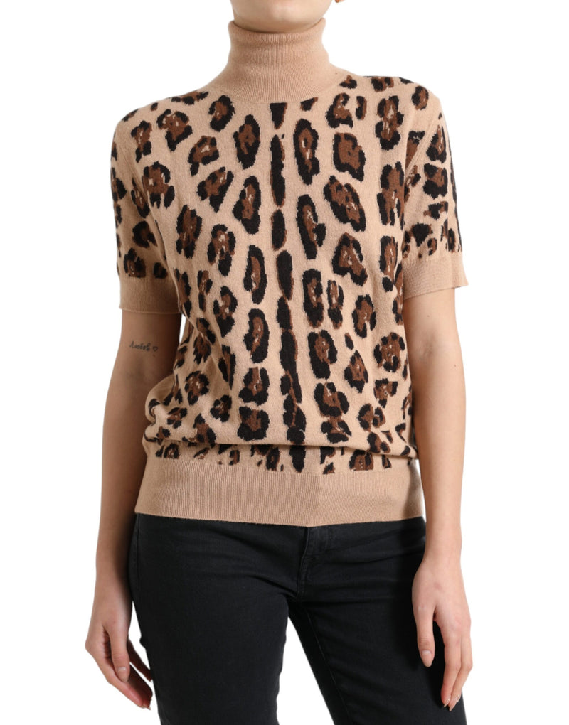 Elegant Beige Leopard Turtleneck Wool Top Dolce & Gabbana