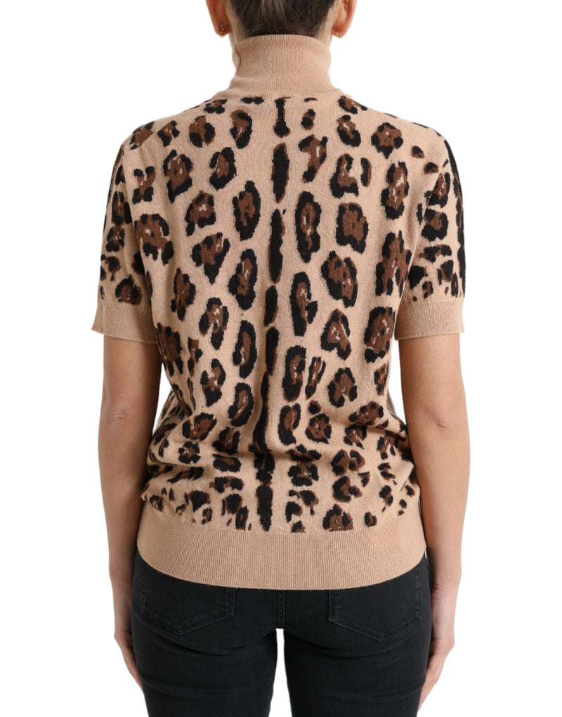 Elegant Beige Leopard Turtleneck Wool Top Dolce & Gabbana