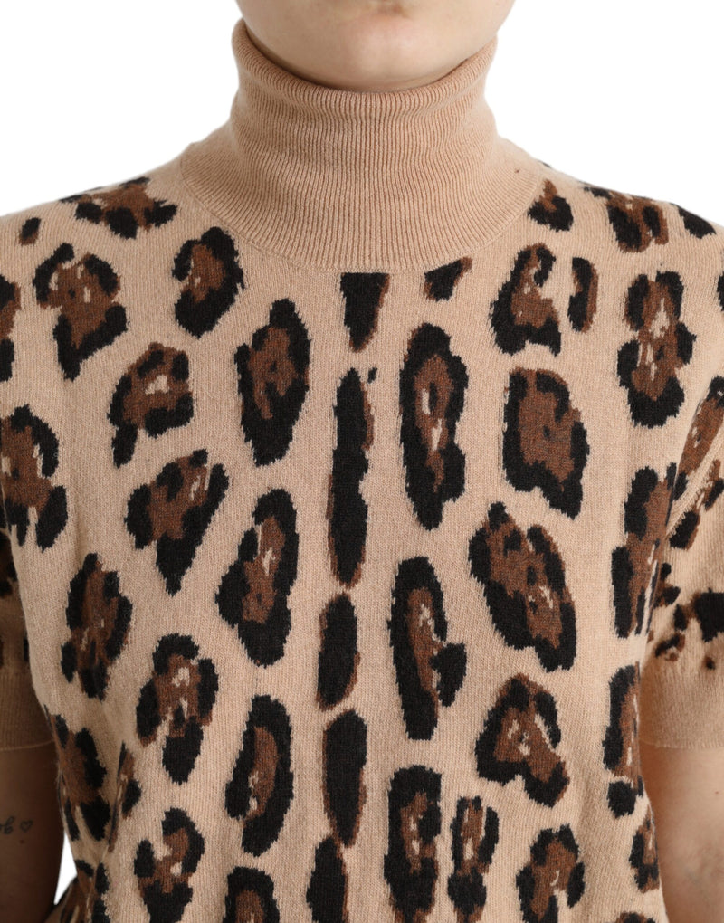 Elegant Beige Leopard Turtleneck Wool Top Dolce & Gabbana