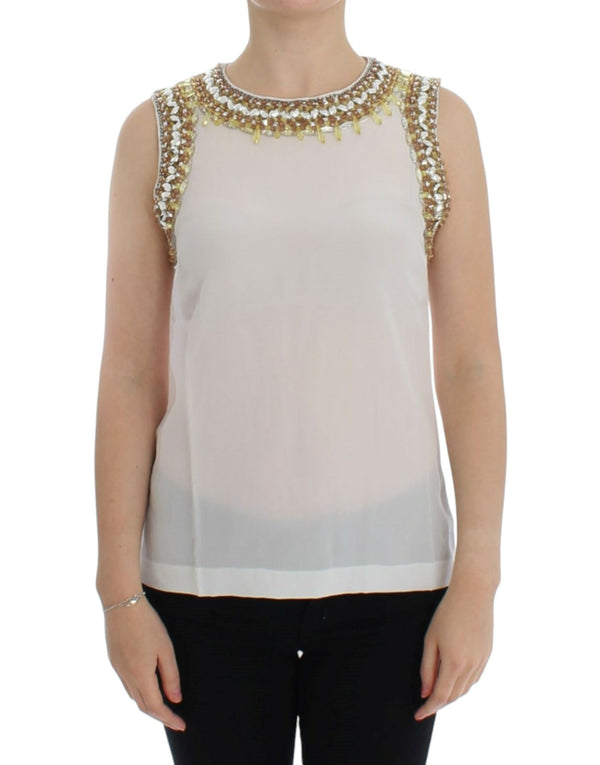 Elegant Sleeveless Silk Blouse with Crystal Embellishment Dolce & Gabbana