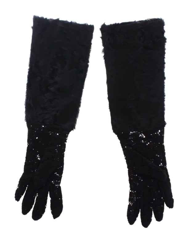 Black Wool Lace & Lamb Fur Elbow Gloves Dolce & Gabbana