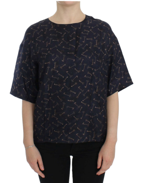 Enchanted Sicily Silk Blouse with Gold Keys Print Dolce & Gabbana