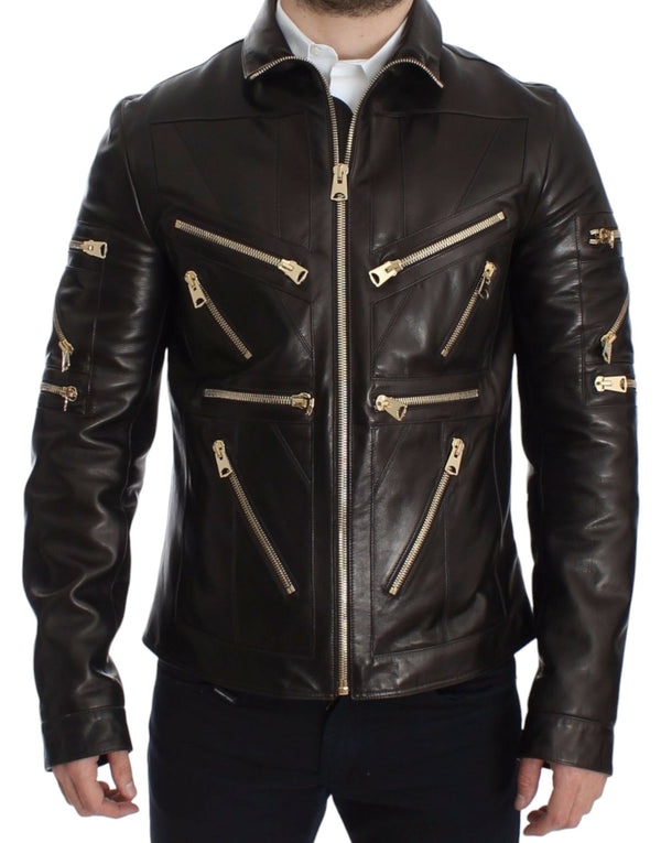 Elegant Brown Gold-Detailed Leather Jacket Dolce & Gabbana