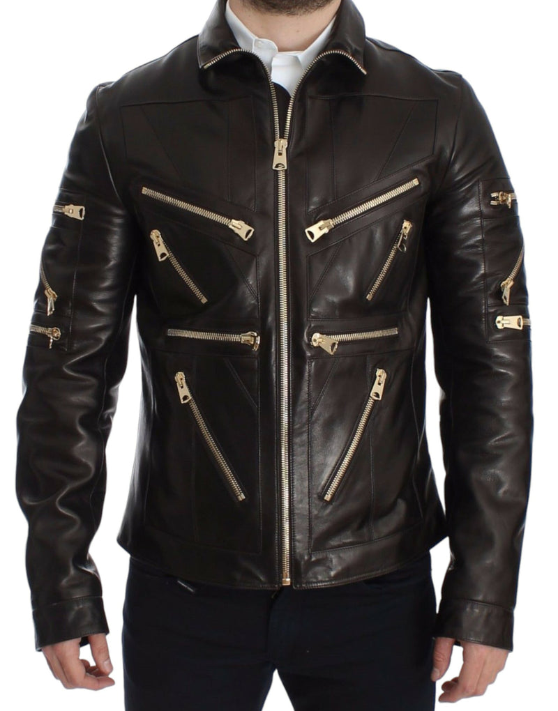 Elegant Brown Gold-Detailed Leather Jacket Dolce & Gabbana