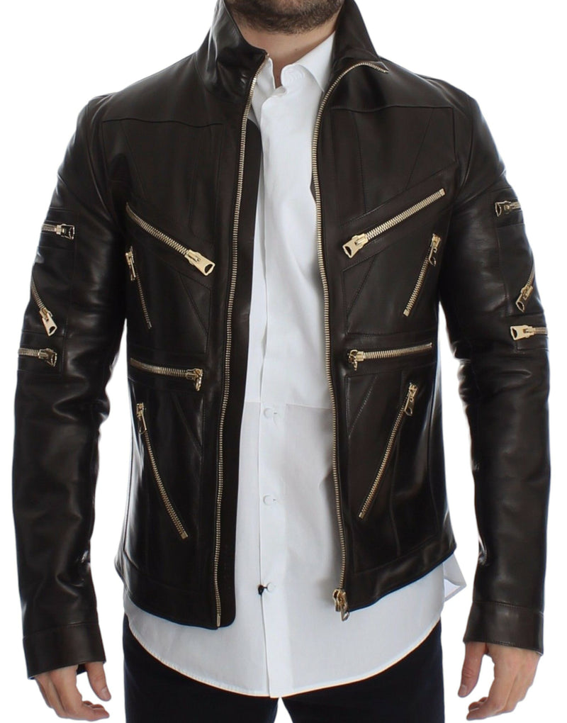 Elegant Brown Gold-Detailed Leather Jacket Dolce & Gabbana