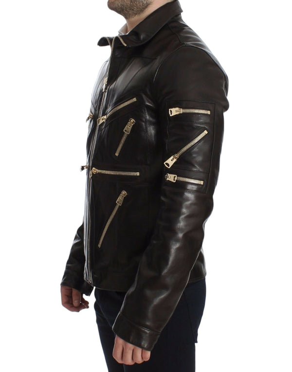 Elegant Brown Gold-Detailed Leather Jacket Dolce & Gabbana