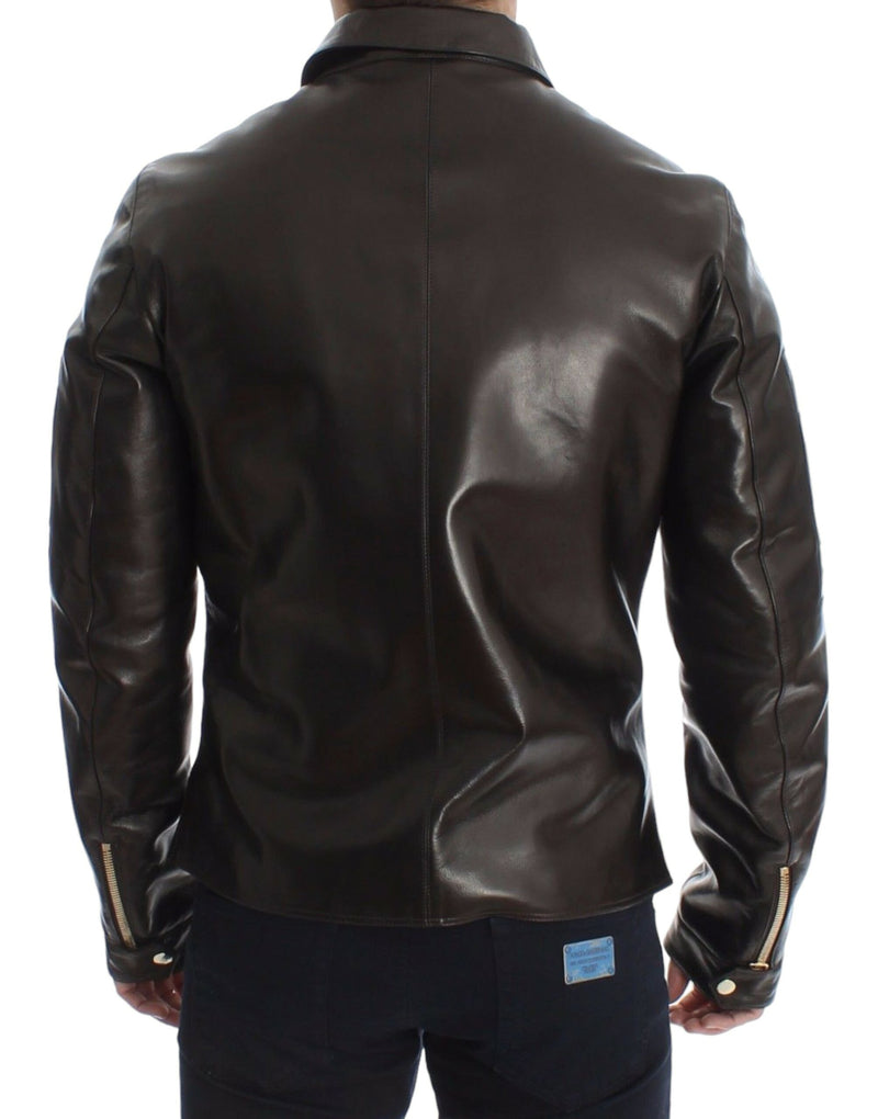 Elegant Brown Gold-Detailed Leather Jacket Dolce & Gabbana