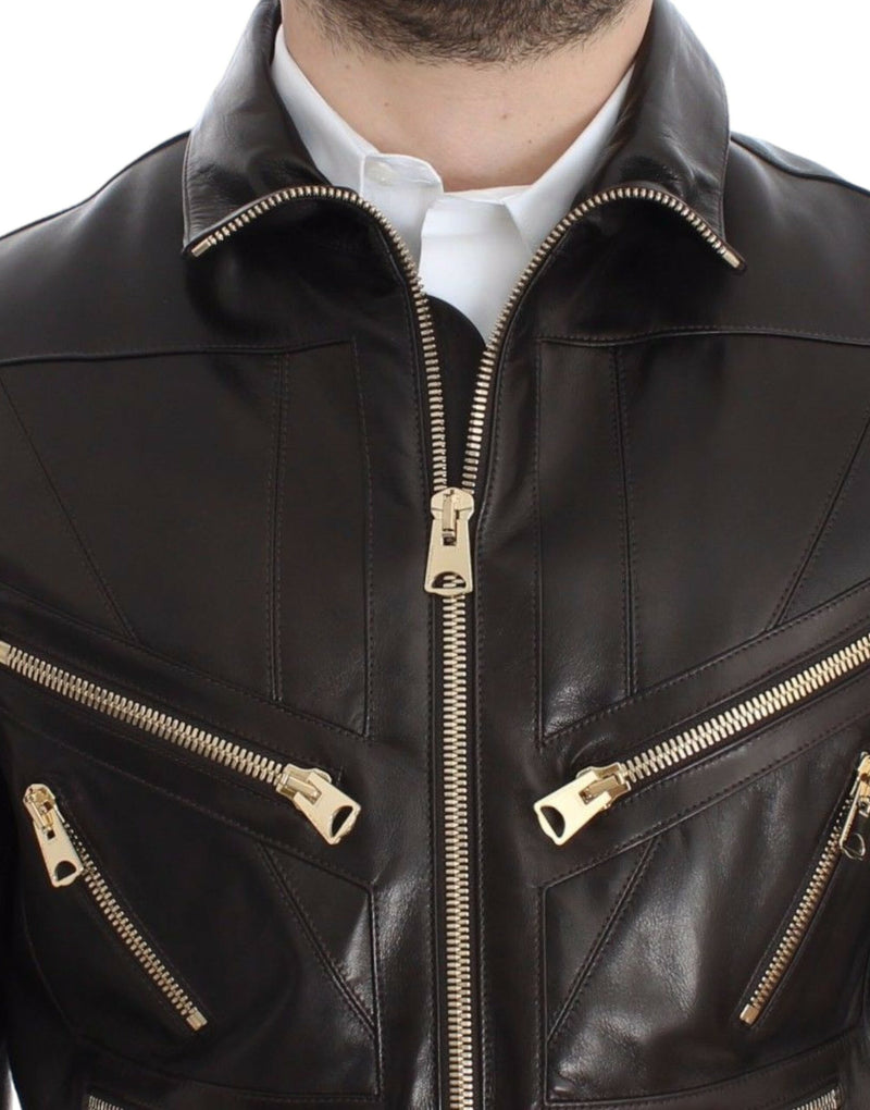 Elegant Brown Gold-Detailed Leather Jacket Dolce & Gabbana