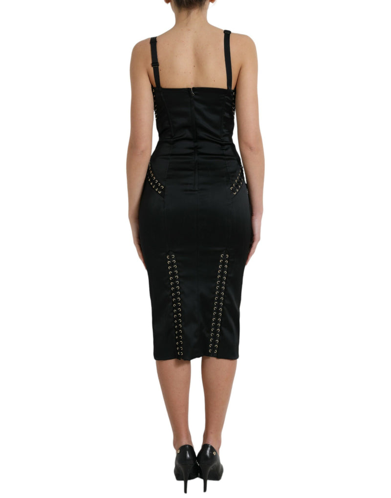 Elegant Black Lace-Up Midi Bodycon Dress Dolce & Gabbana