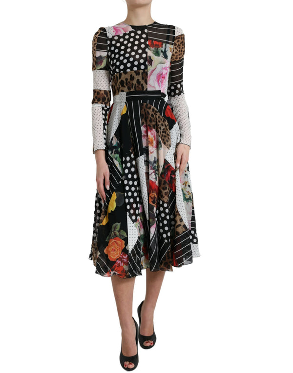 Elegant Patchwork Silk Midi A-Line Dress Dolce & Gabbana