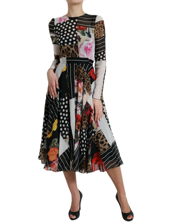 Elegant Patchwork Silk Midi A-Line Dress Dolce & Gabbana