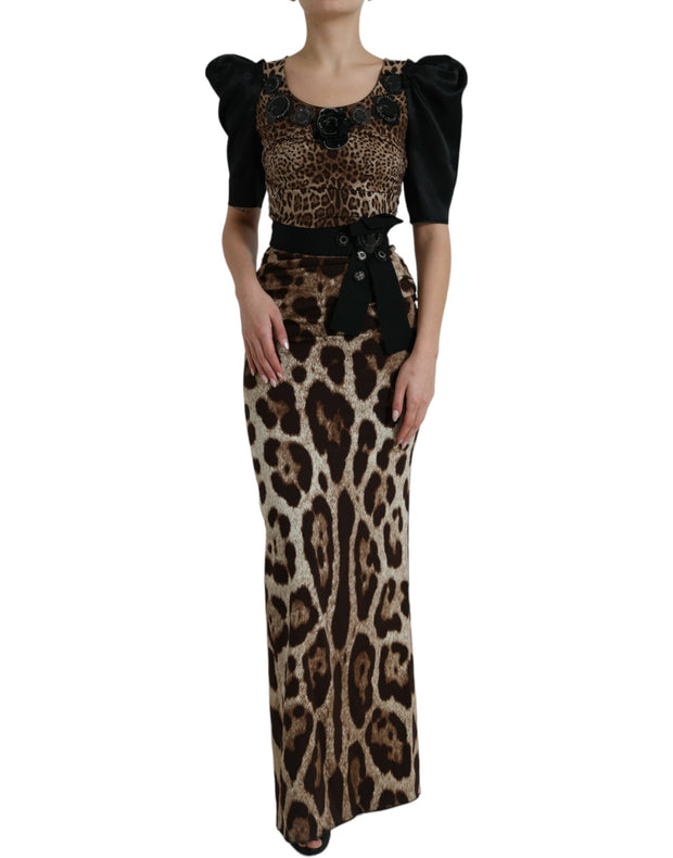 Silk Leopard Embellished Long Dress Dolce & Gabbana