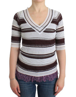 Striped V-Neck Knit Top with Lace Hem Ermanno Scervino