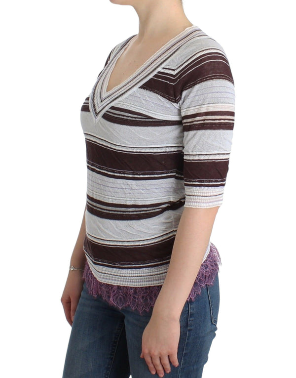 Striped V-Neck Knit Top with Lace Hem Ermanno Scervino