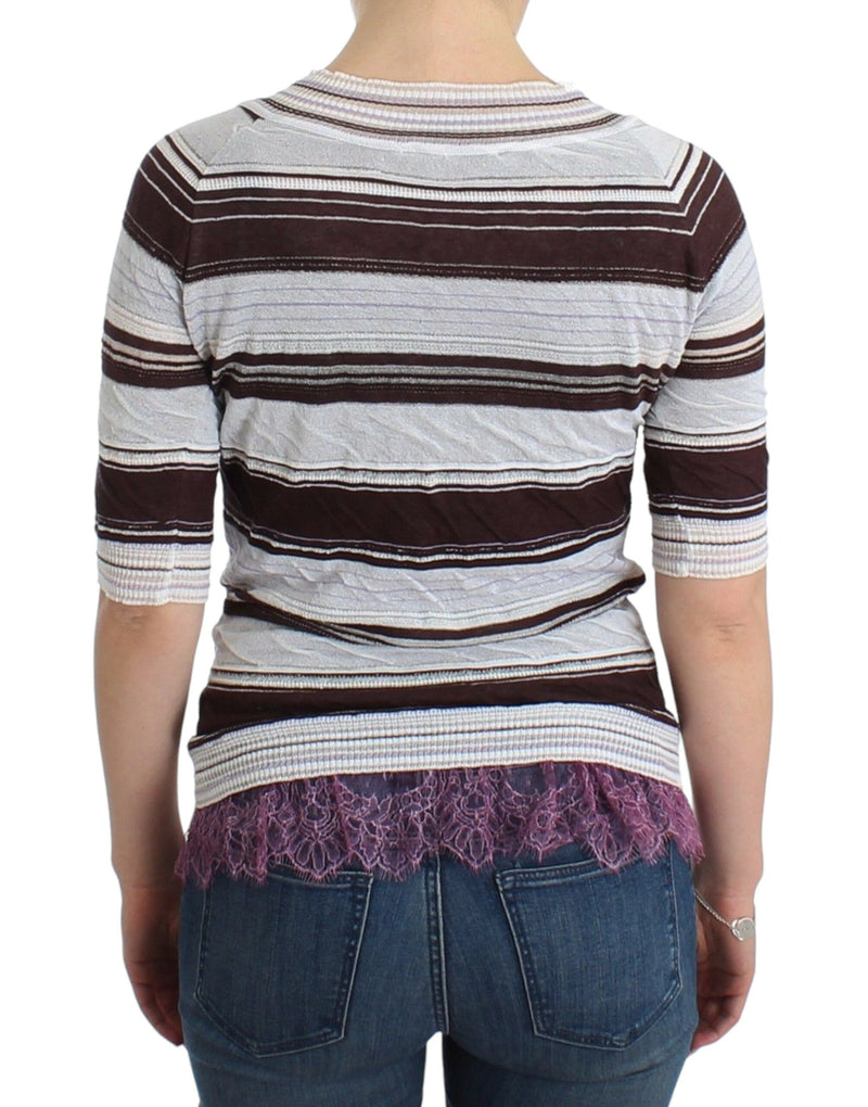 Striped V-Neck Knit Top with Lace Hem Ermanno Scervino