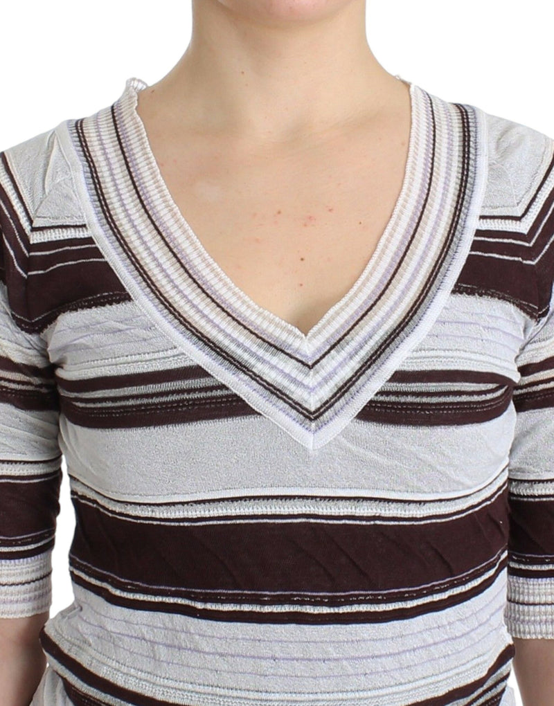 Striped V-Neck Knit Top with Lace Hem Ermanno Scervino