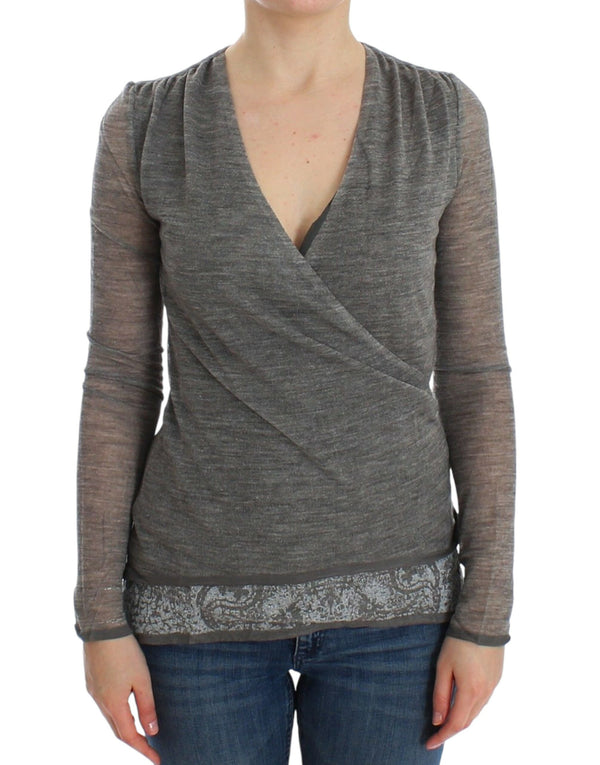 Elegant Gray Wool Blend Deep V-neck Sweater Ermanno Scervino