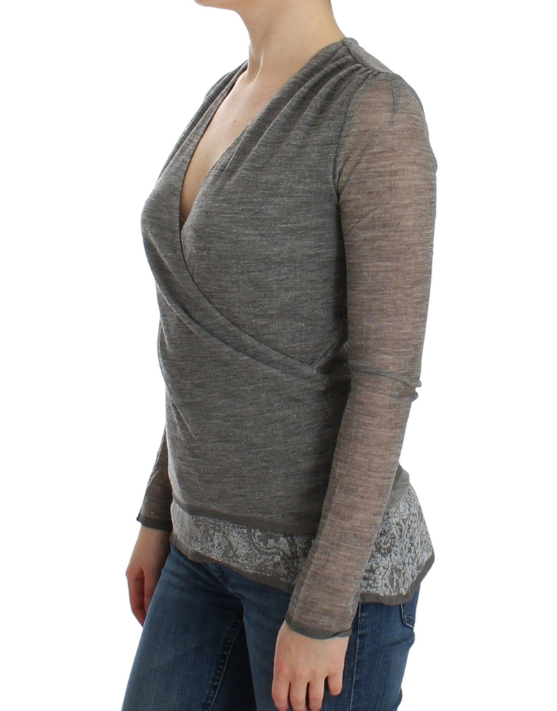 Elegant Gray Wool Blend Deep V-neck Sweater Ermanno Scervino