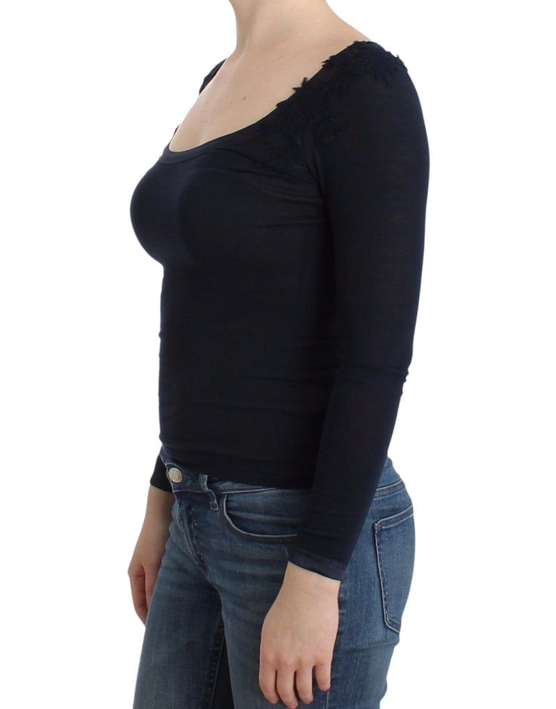 Elegant Blue Long Sleeve Lace Top Ermanno Scervino