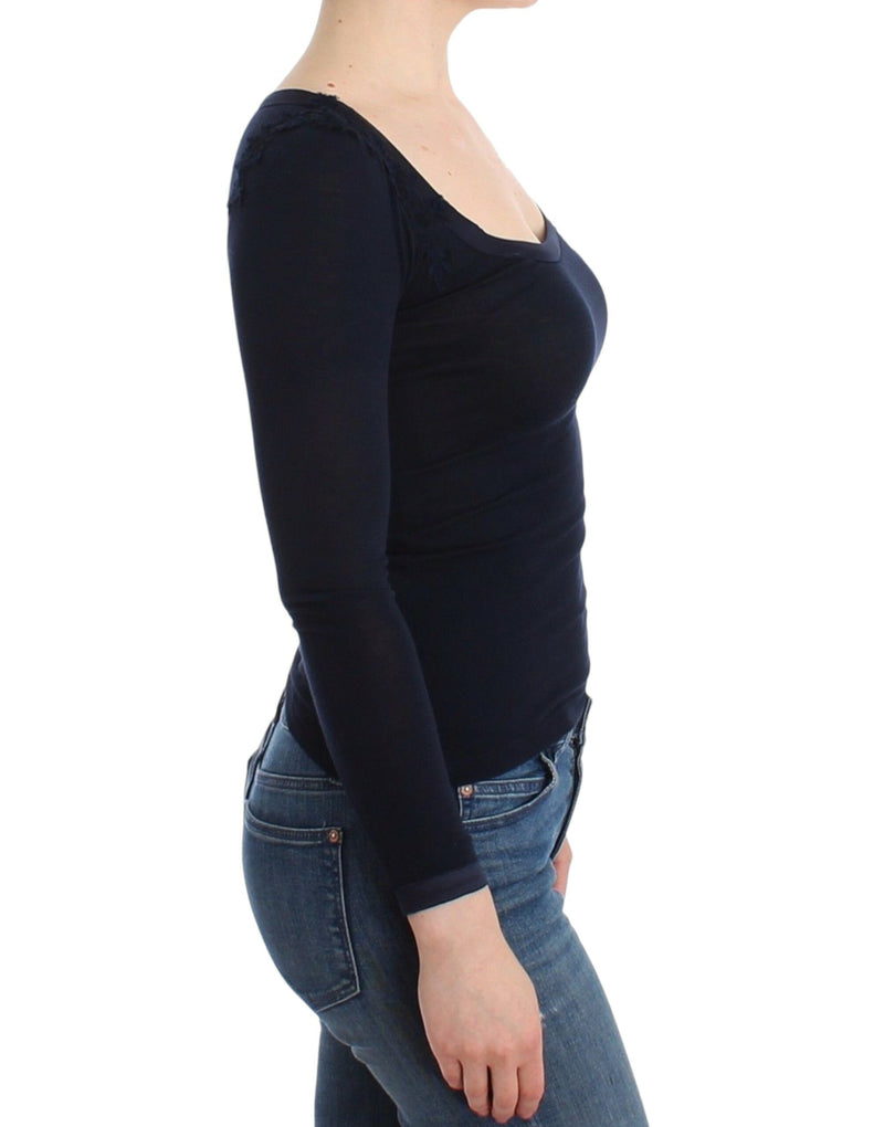 Elegant Blue Long Sleeve Lace Top Ermanno Scervino